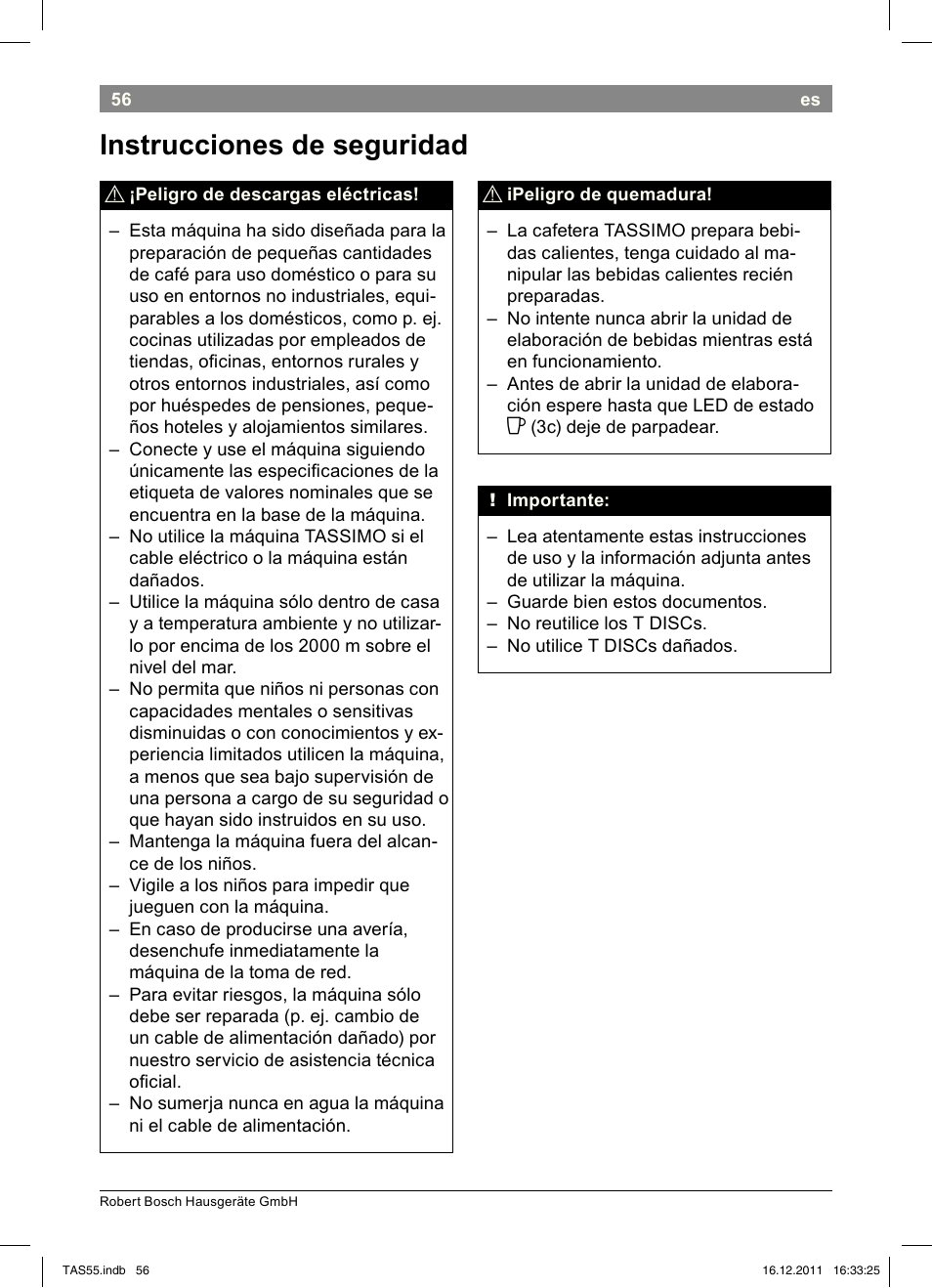 Instrucciones!de!seguridad | Bosch TASSIMO Multi-Getränke-Automat T55 TAS5544 linen white weiß User Manual | Page 58 / 190