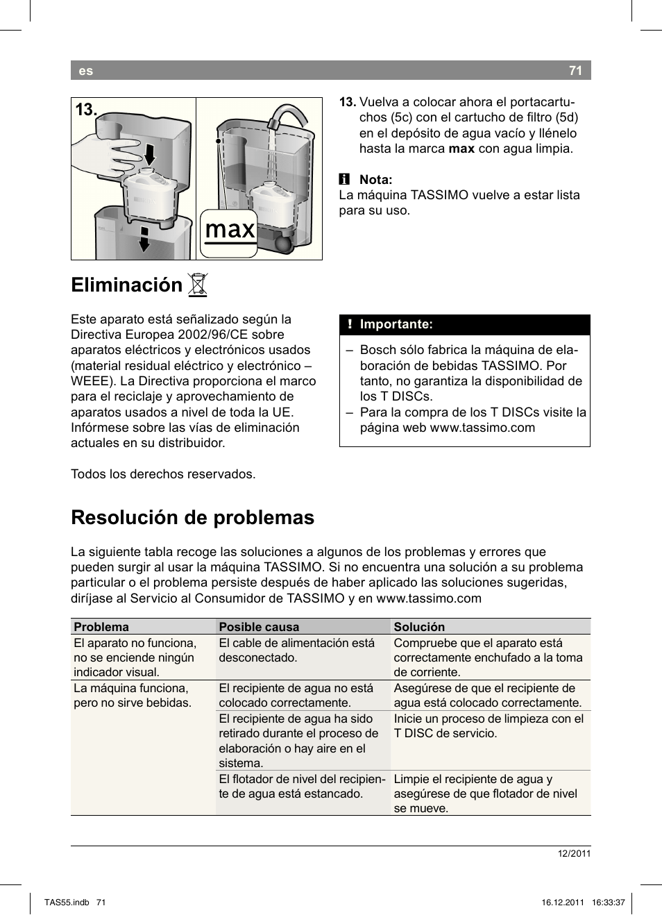 Eliminación, Resolución!de!problemas | Bosch TASSIMO Multi-Getränke-Automat T55 TAS5544 linen white weiß User Manual | Page 73 / 190