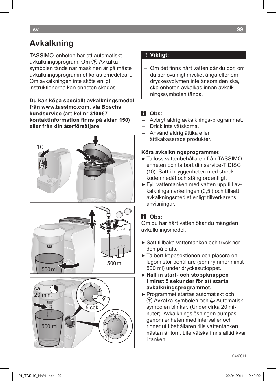 Avkalkning | Bosch Multigetränkesystem TAS4011 Silk Silver anthrazit User Manual | Page 101 / 154