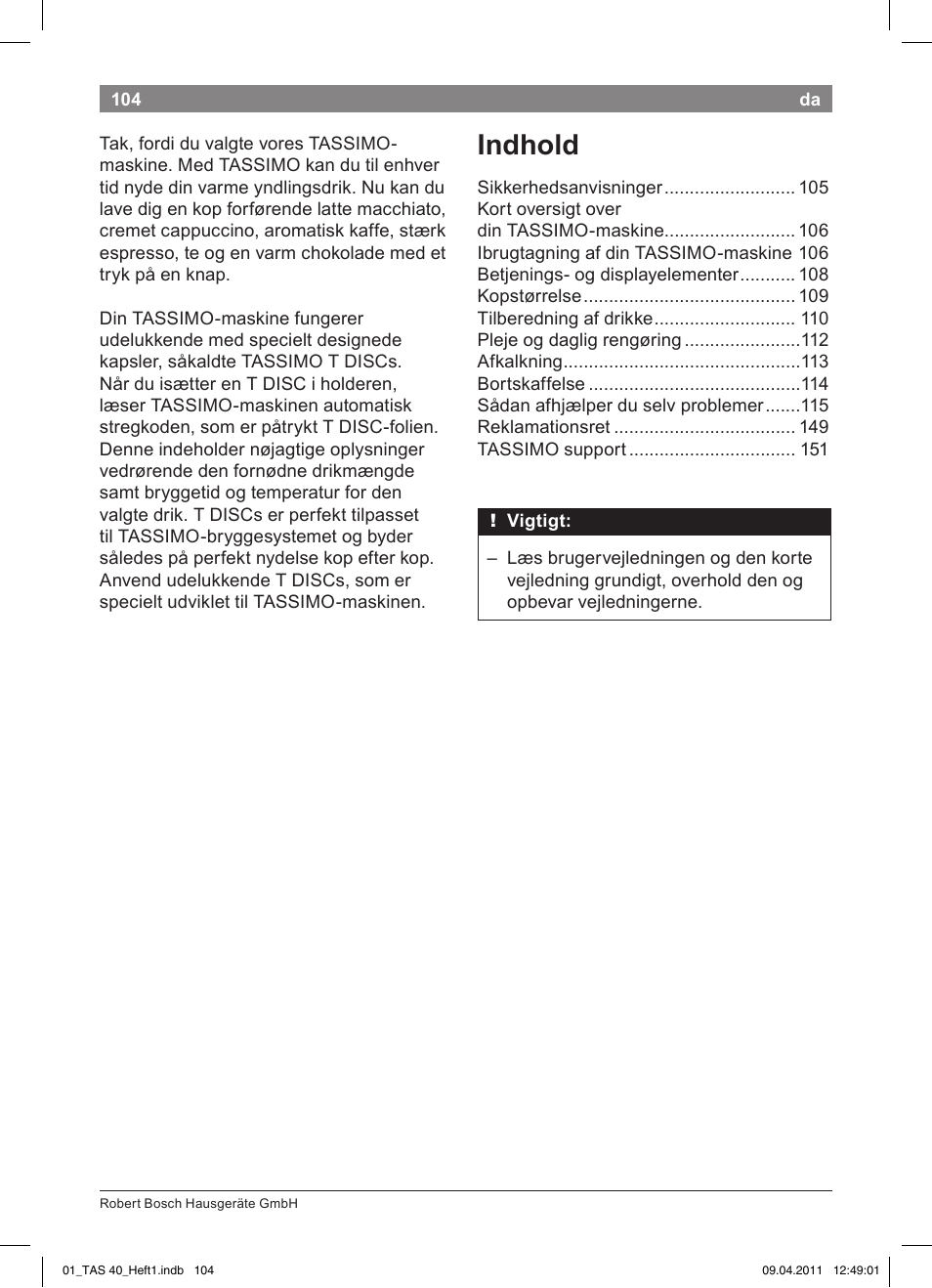 Indhold | Bosch Multigetränkesystem TAS4011 Silk Silver anthrazit User Manual | Page 106 / 154