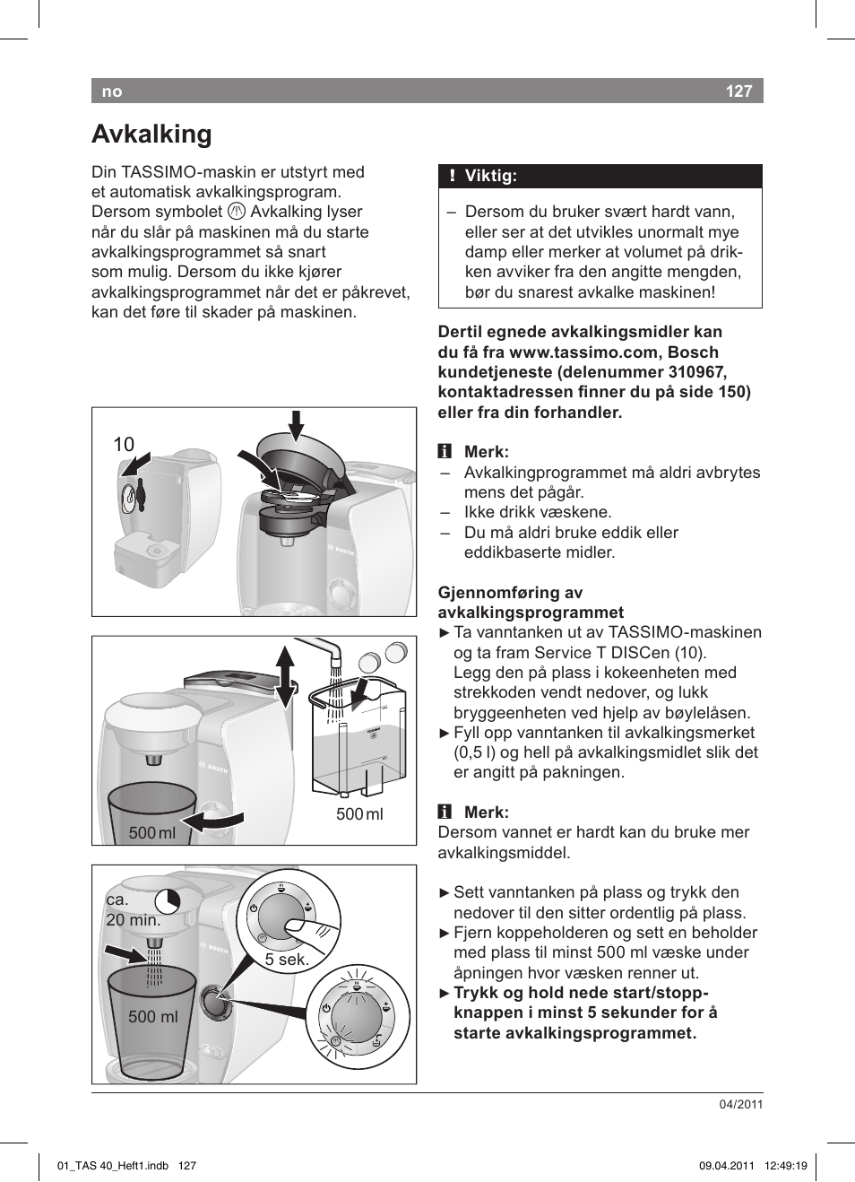 Avkalking | Bosch Multigetränkesystem TAS4011 Silk Silver anthrazit User Manual | Page 129 / 154
