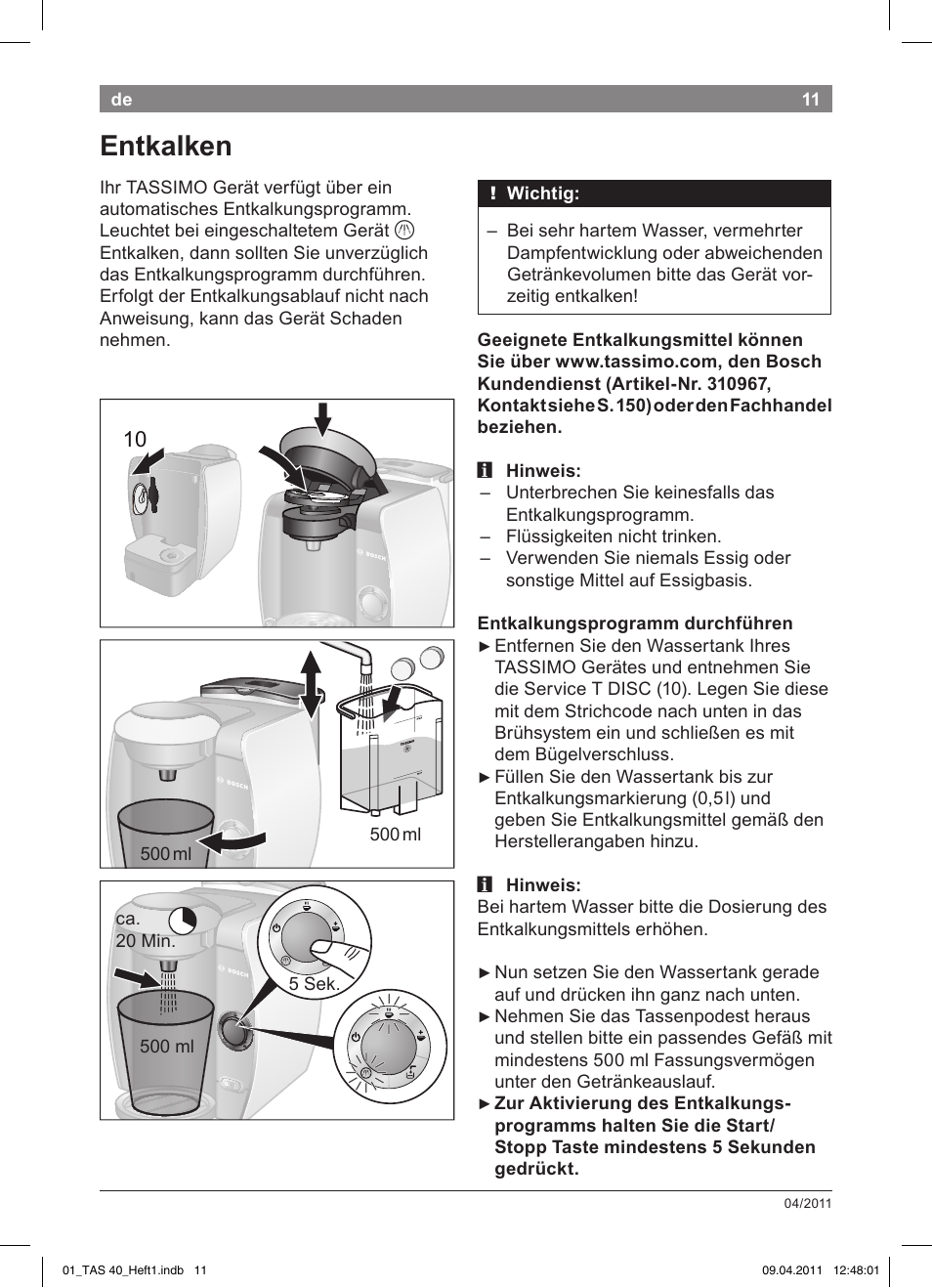 Entkalken | Bosch Multigetränkesystem TAS4011 Silk Silver anthrazit User Manual | Page 13 / 154