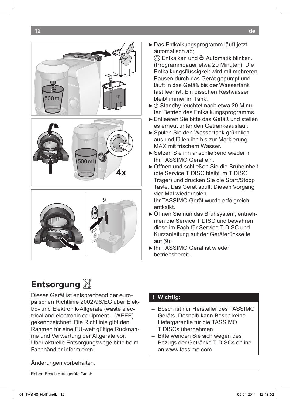 Entsorgung | Bosch Multigetränkesystem TAS4011 Silk Silver anthrazit User Manual | Page 14 / 154