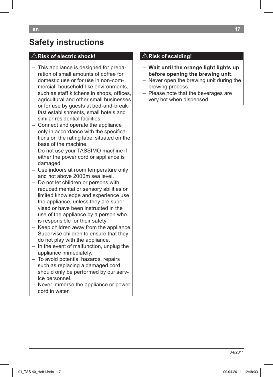 Safety!instructions | Bosch Multigetränkesystem TAS4011 Silk Silver anthrazit User Manual | Page 19 / 154