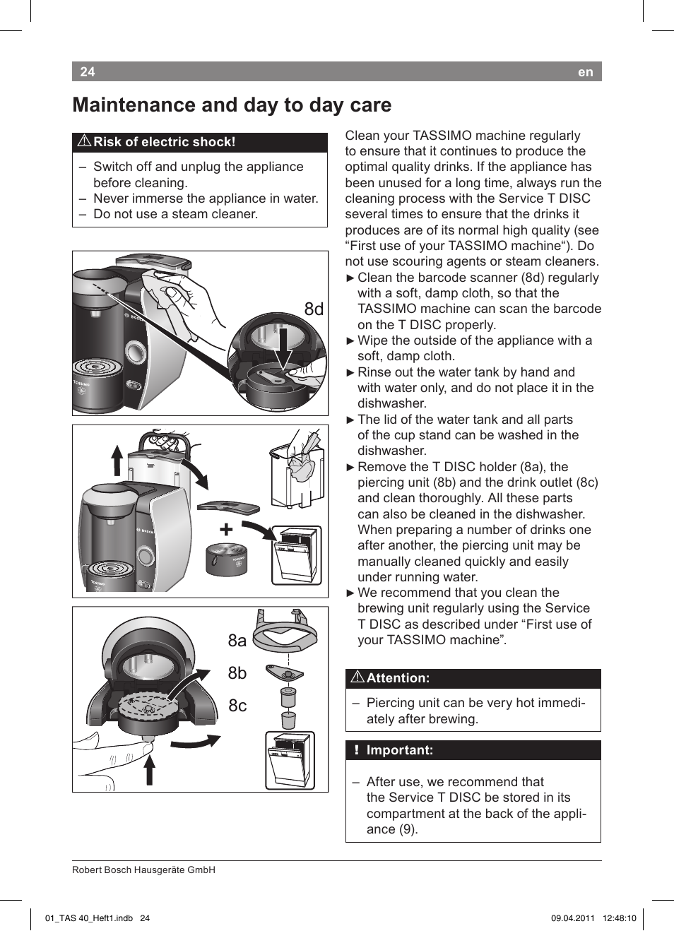 Maintenance!and!day!to!day!care, 8a 8b 8c | Bosch Multigetränkesystem TAS4011 Silk Silver anthrazit User Manual | Page 26 / 154