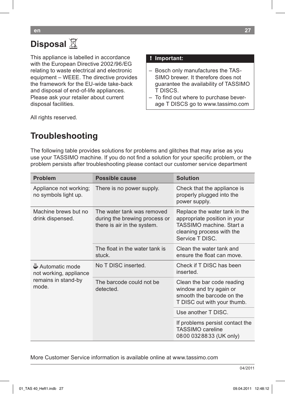 Disposal, Troubleshooting | Bosch Multigetränkesystem TAS4011 Silk Silver anthrazit User Manual | Page 29 / 154