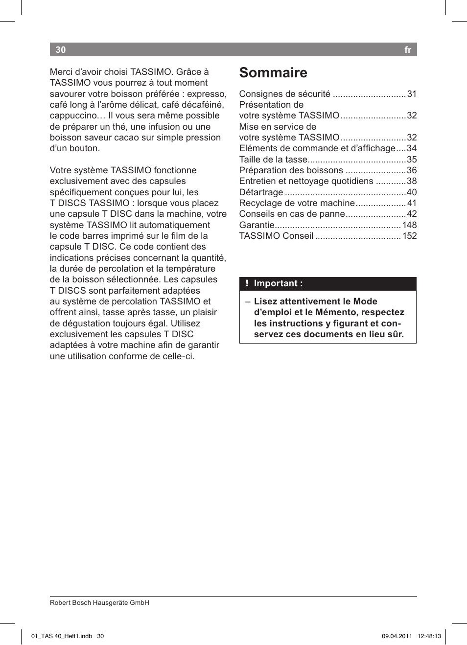 Sommaire | Bosch Multigetränkesystem TAS4011 Silk Silver anthrazit User Manual | Page 32 / 154