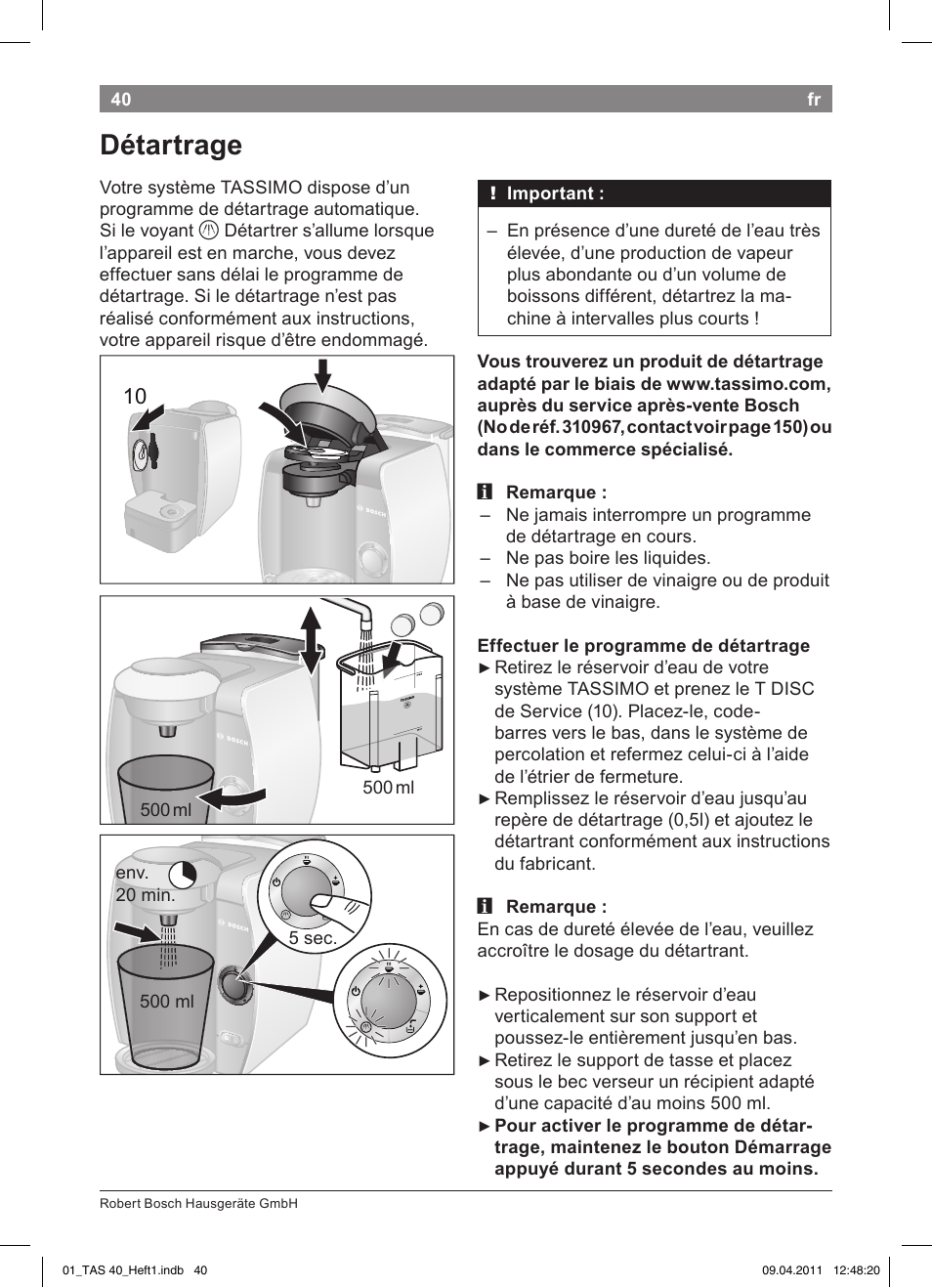 Détartrage | Bosch Multigetränkesystem TAS4011 Silk Silver anthrazit User Manual | Page 42 / 154