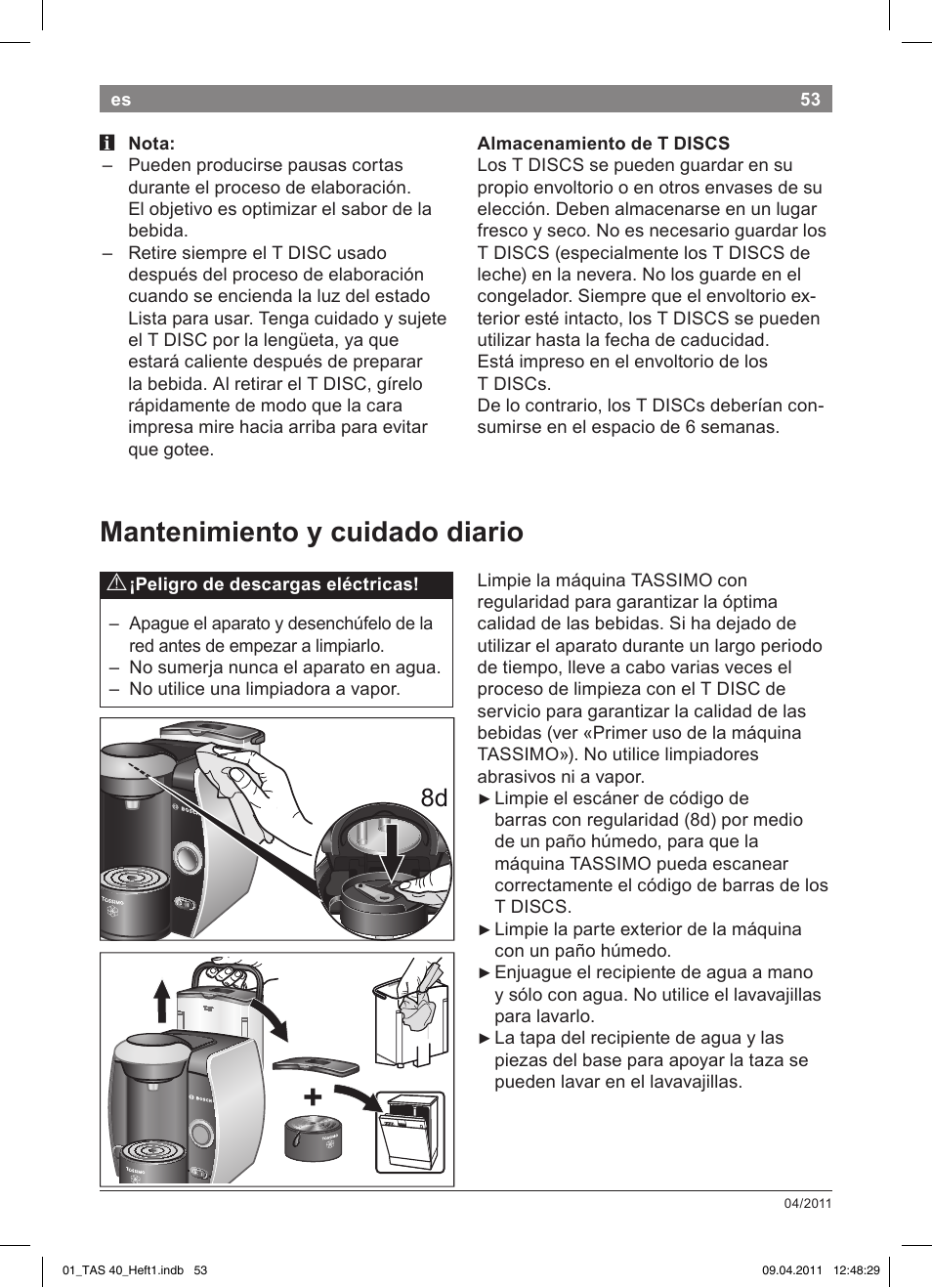 Mantenimiento!y!cuidado!diario | Bosch Multigetränkesystem TAS4011 Silk Silver anthrazit User Manual | Page 55 / 154