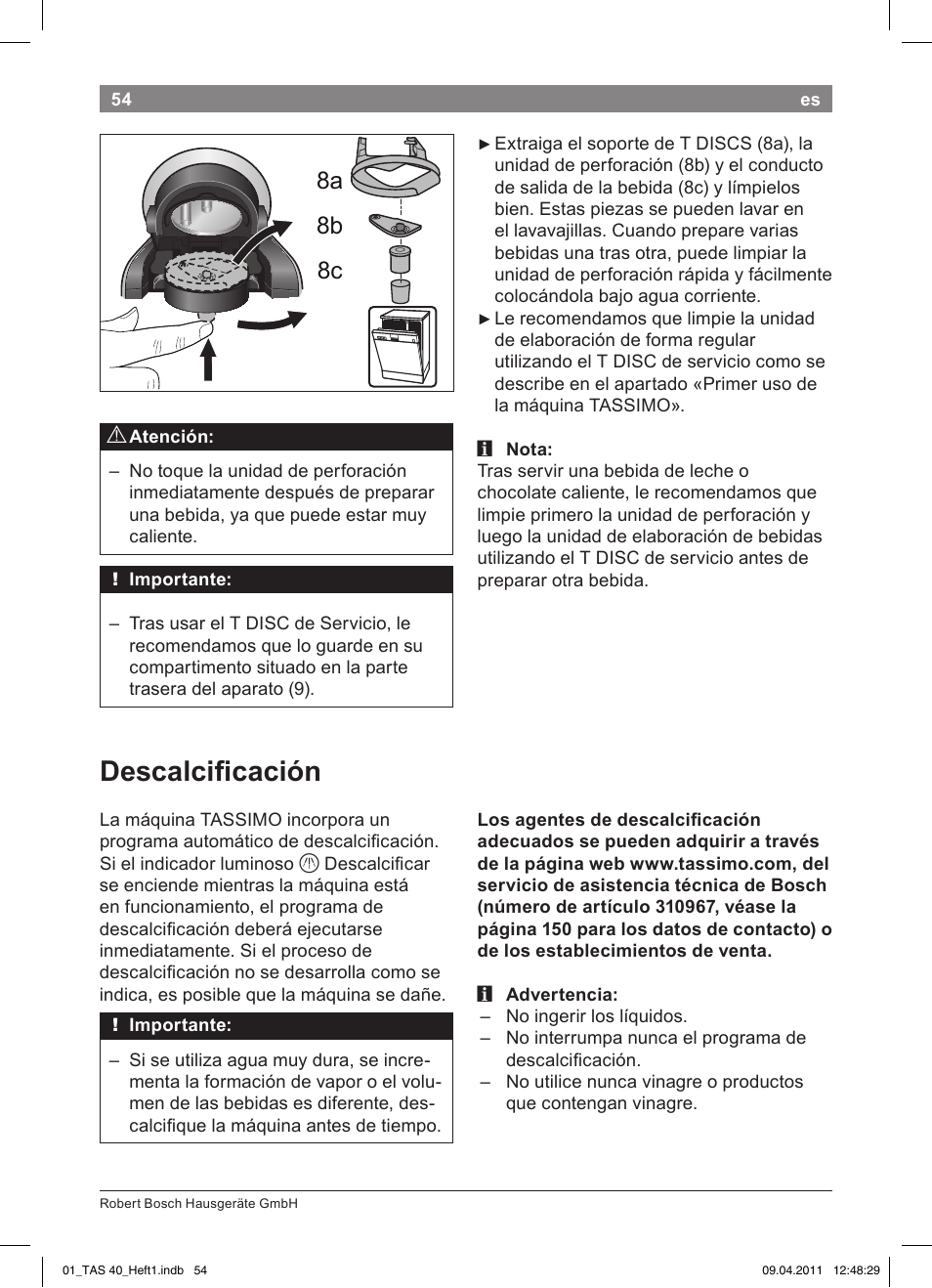 Descalcificación, 8a 8b 8c | Bosch Multigetränkesystem TAS4011 Silk Silver anthrazit User Manual | Page 56 / 154