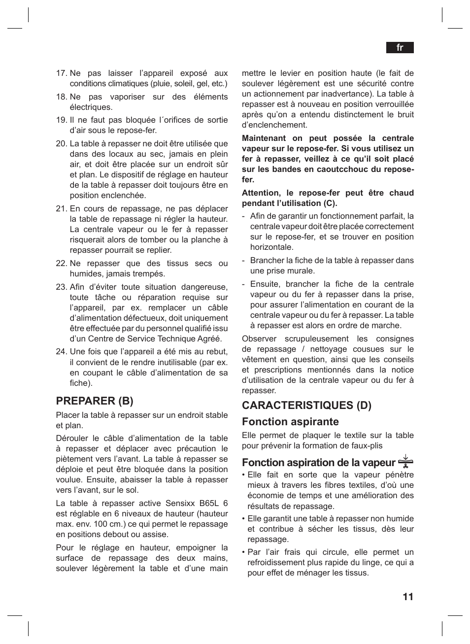 Preparer (b), Caracteristiques (d) fonction aspirante, Fonction aspiration de la vapeur | Bosch TDN1010N anthrazit silber Aktiv-Bügeltisch HomeProfessional User Manual | Page 10 / 61