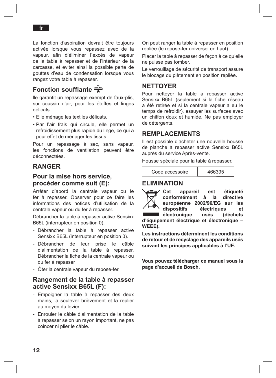 Fonction soufflante, Nettoyer, Remplacements | Elimination | Bosch TDN1010N anthrazit silber Aktiv-Bügeltisch HomeProfessional User Manual | Page 11 / 61