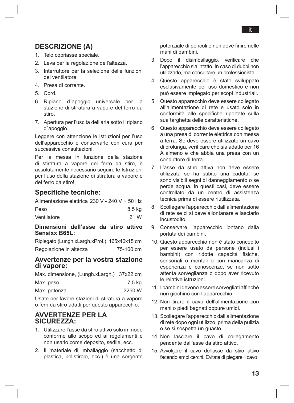 Descrizione (a), Specifiche tecniche, Avvertenze per la vostra stazione di vapore | Avvertenze per la sicurezza | Bosch TDN1010N anthrazit silber Aktiv-Bügeltisch HomeProfessional User Manual | Page 12 / 61