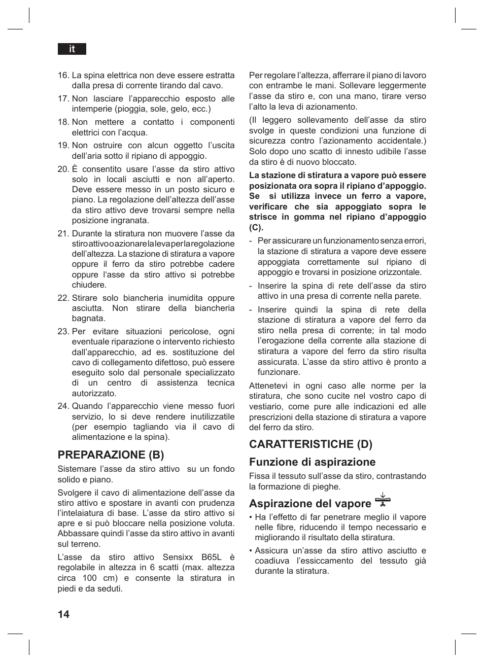 Preparazione (b), Caratteristiche (d) funzione di aspirazione, Aspirazione del vapore | Bosch TDN1010N anthrazit silber Aktiv-Bügeltisch HomeProfessional User Manual | Page 13 / 61