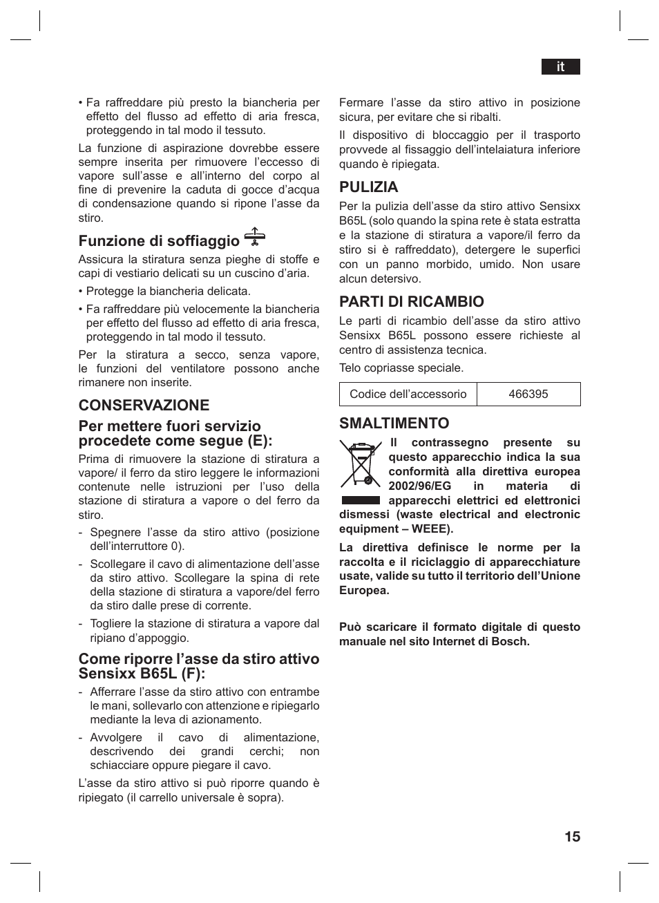 Funzione di soffiaggio, Pulizia, Parti di ricambio | Smaltimento | Bosch TDN1010N anthrazit silber Aktiv-Bügeltisch HomeProfessional User Manual | Page 14 / 61