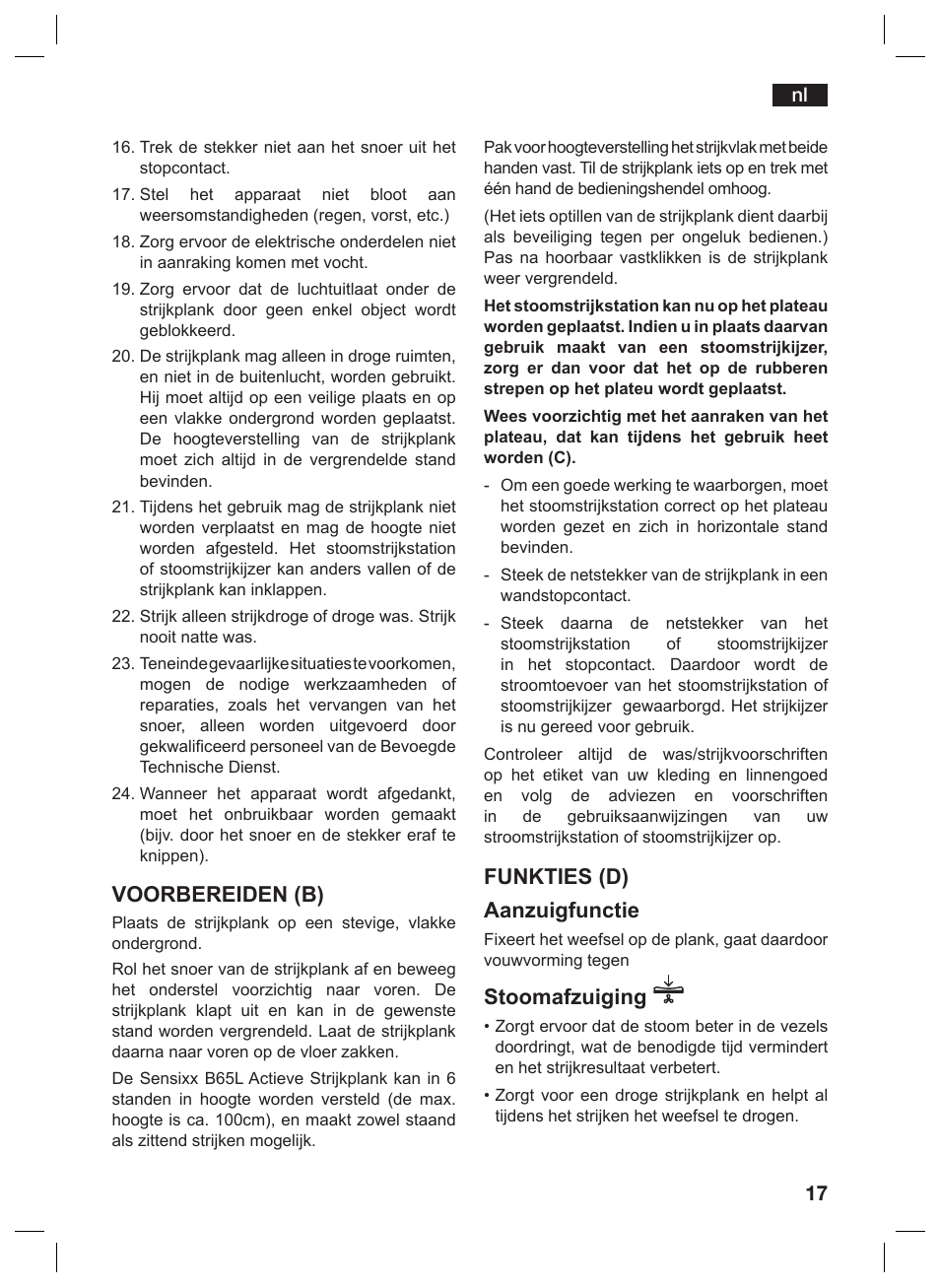 Voorbereiden (b), Funkties (d) aanzuigfunctie, Stoomafzuiging | Bosch TDN1010N anthrazit silber Aktiv-Bügeltisch HomeProfessional User Manual | Page 16 / 61