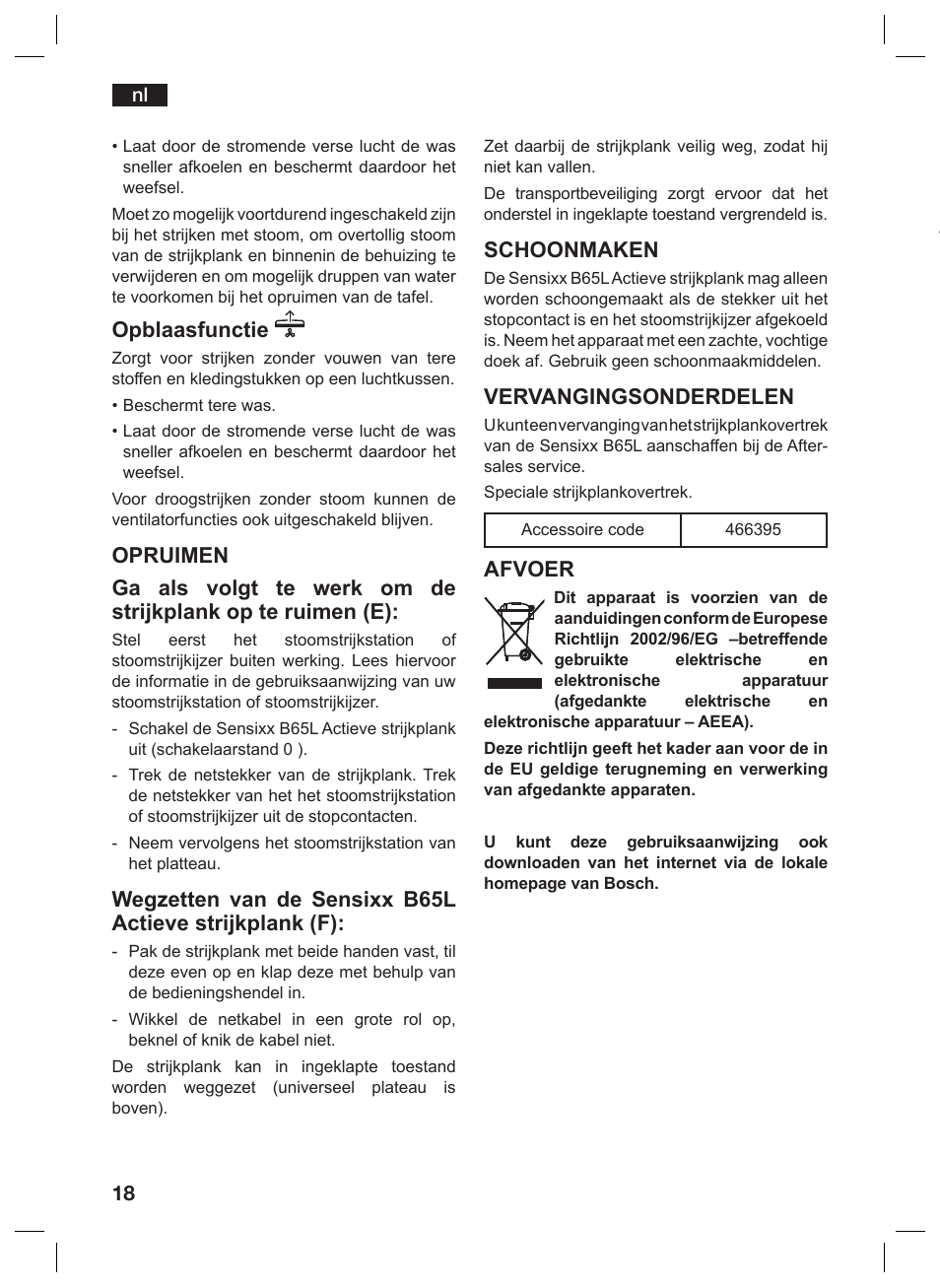 Opblaasfunctie, Schoonmaken, Vervangingsonderdelen | Afvoer | Bosch TDN1010N anthrazit silber Aktiv-Bügeltisch HomeProfessional User Manual | Page 17 / 61