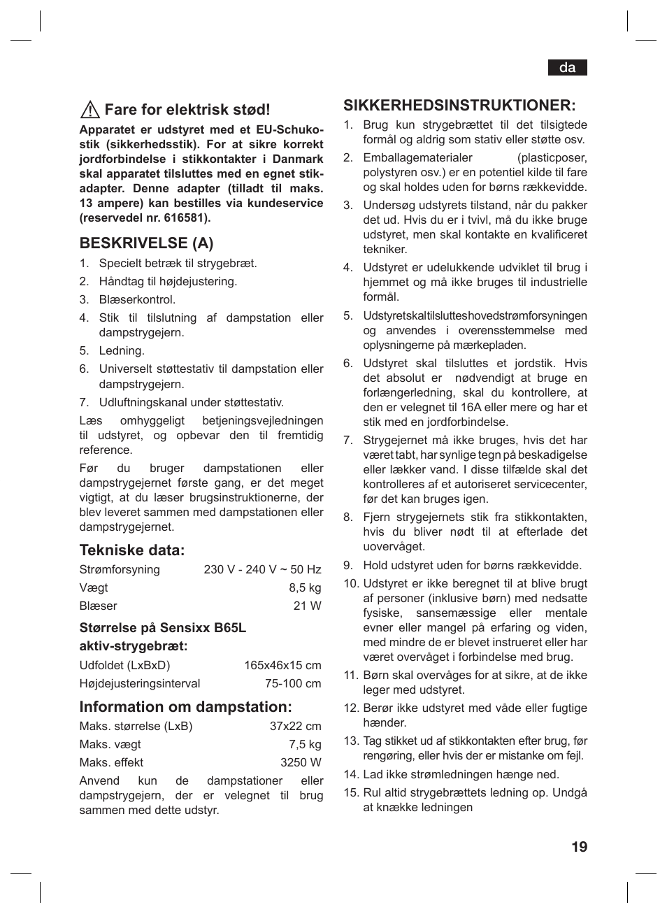 Fare for elektrisk stød, Beskrivelse (a), Tekniske data | Information om dampstation, Sikkerhedsinstruktioner | Bosch TDN1010N anthrazit silber Aktiv-Bügeltisch HomeProfessional User Manual | Page 18 / 61