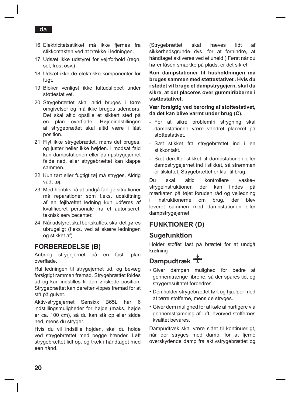 Forberedelse (b), Funktioner (d) sugefunktion, Dampudtræk | Bosch TDN1010N anthrazit silber Aktiv-Bügeltisch HomeProfessional User Manual | Page 19 / 61