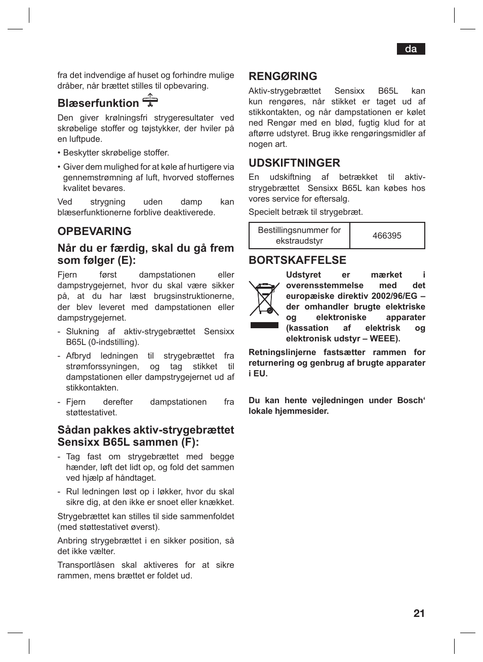 Blæserfunktion, Rengøring, Udskiftninger | Bortskaffelse | Bosch TDN1010N anthrazit silber Aktiv-Bügeltisch HomeProfessional User Manual | Page 20 / 61