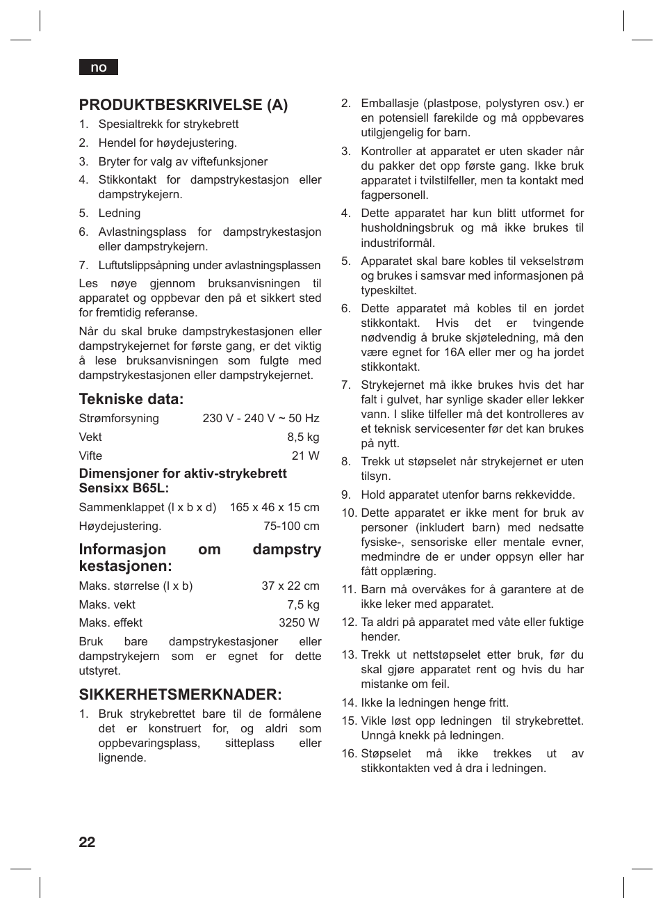 Produktbeskrivelse (a), Tekniske data, Informasjon om dampstry kestasjonen | Sikkerhetsmerknader | Bosch TDN1010N anthrazit silber Aktiv-Bügeltisch HomeProfessional User Manual | Page 21 / 61