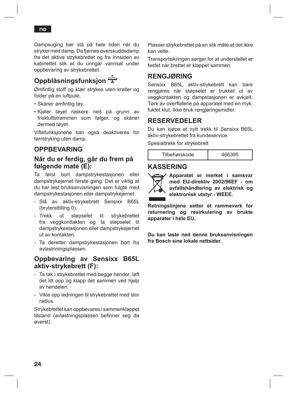 Oppblåsningsfunksjon, Oppbevaring av sensixx b65l aktiv-strykebrett (f), Rengjøring | Reservedeler, Kassering | Bosch TDN1010N anthrazit silber Aktiv-Bügeltisch HomeProfessional User Manual | Page 23 / 61