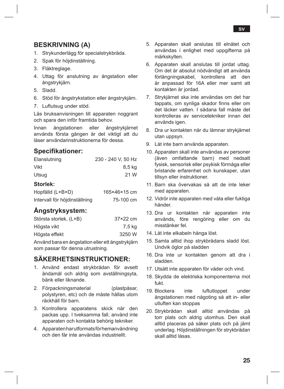 Beskrivning (a), Specifikationer, Ångstryksystem | Säkerhetsinstruktioner | Bosch TDN1010N anthrazit silber Aktiv-Bügeltisch HomeProfessional User Manual | Page 24 / 61