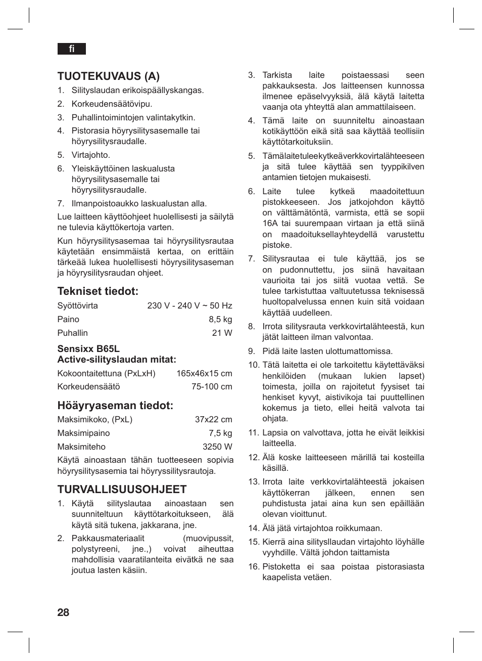 Tuotekuvaus (a), Tekniset tiedot, Höäyryaseman tiedot | Turvallisuusohjeet | Bosch TDN1010N anthrazit silber Aktiv-Bügeltisch HomeProfessional User Manual | Page 27 / 61