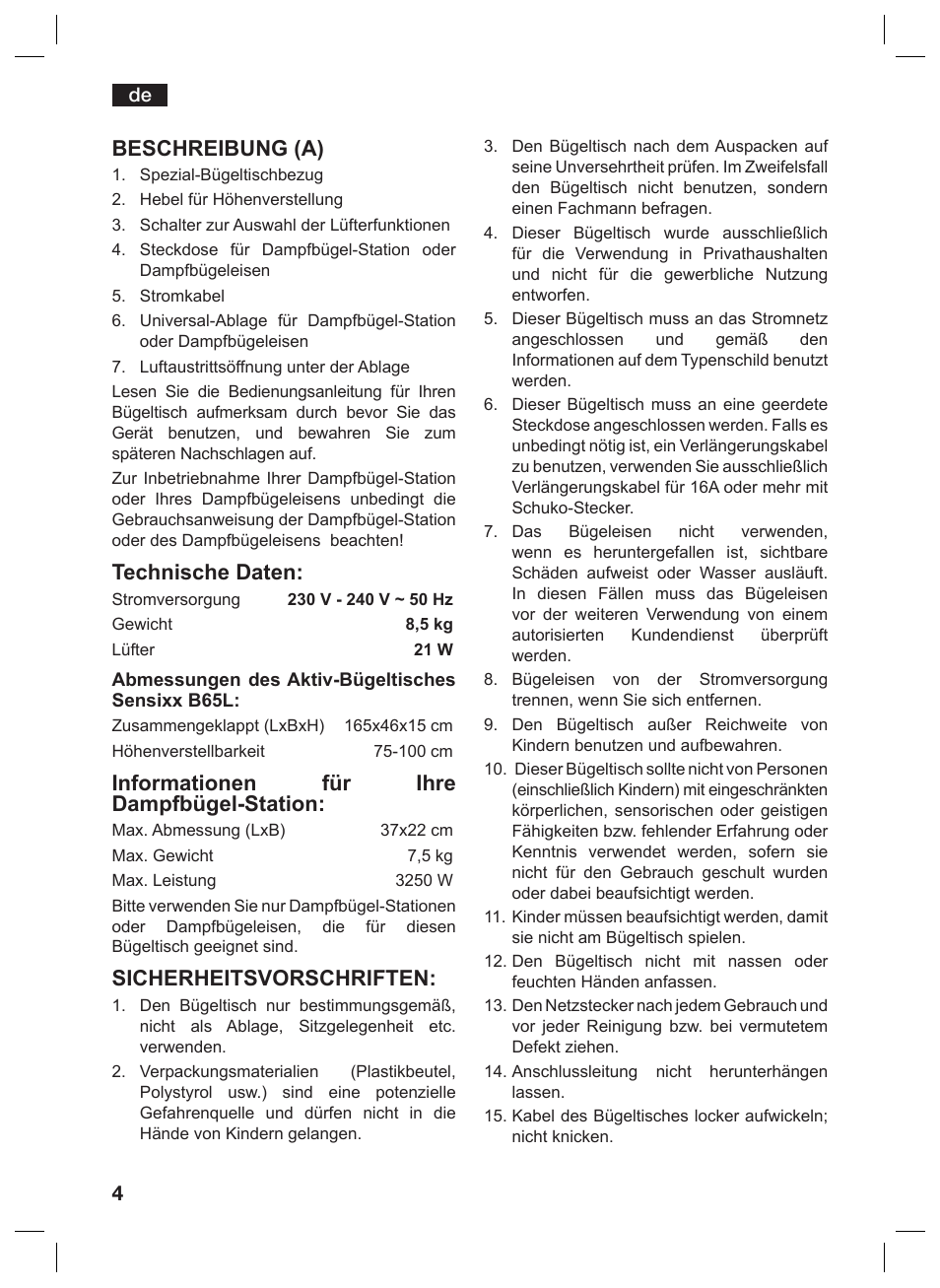 Beschreibung (a), Technische daten, Informationen für ihre dampfbügel-station | Sicherheitsvorschriften | Bosch TDN1010N anthrazit silber Aktiv-Bügeltisch HomeProfessional User Manual | Page 3 / 61
