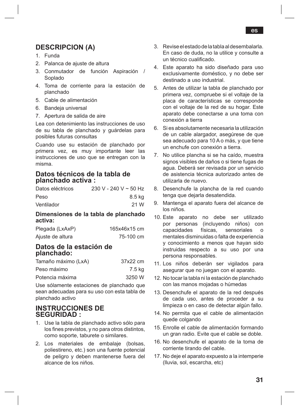 Descripcion (a), Datos técnicos de la tabla de planchado activa, Datos de la estación de planchado | Instrucciones de seguridad | Bosch TDN1010N anthrazit silber Aktiv-Bügeltisch HomeProfessional User Manual | Page 30 / 61