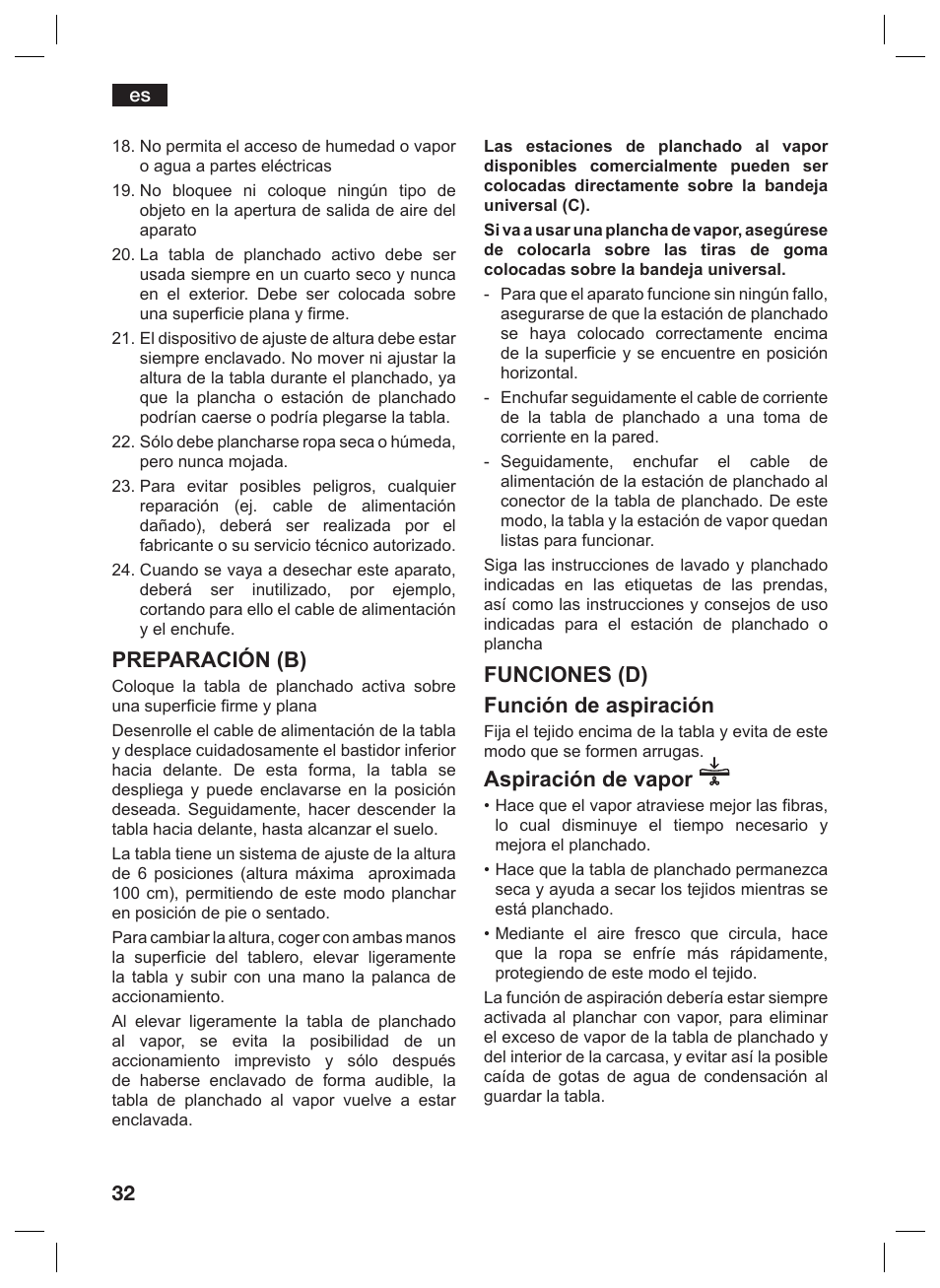 Preparación (b), Funciones (d) función de aspiración, Aspiración de vapor | Bosch TDN1010N anthrazit silber Aktiv-Bügeltisch HomeProfessional User Manual | Page 31 / 61