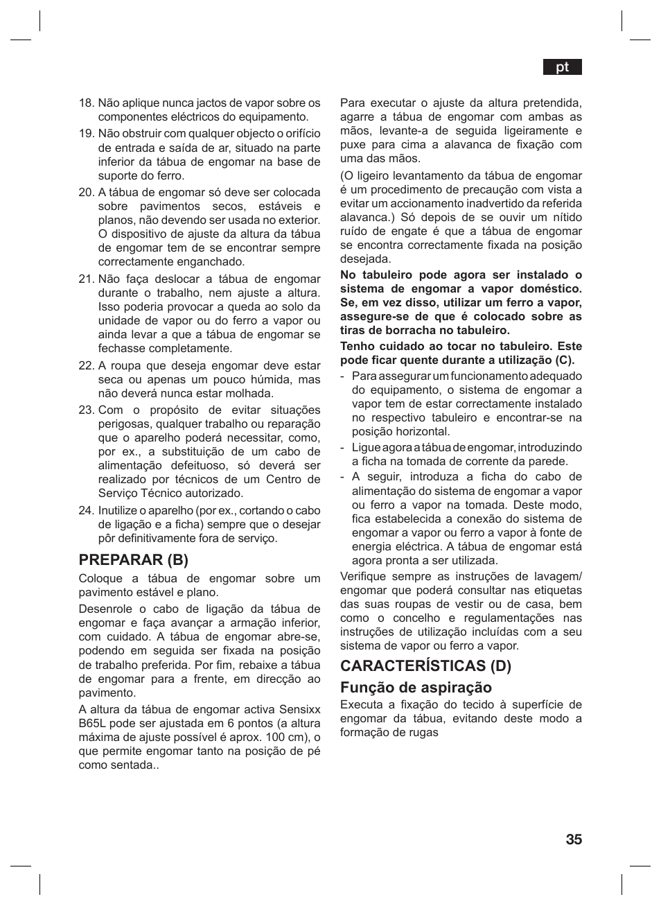 Preparar (b), Características (d) função de aspiração | Bosch TDN1010N anthrazit silber Aktiv-Bügeltisch HomeProfessional User Manual | Page 34 / 61