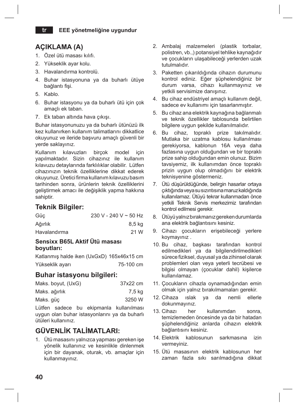 Açiklama (a), Teknik bilgiler, Buhar istasyonu bilgileri | Güvenlik talimatlari | Bosch TDN1010N anthrazit silber Aktiv-Bügeltisch HomeProfessional User Manual | Page 39 / 61