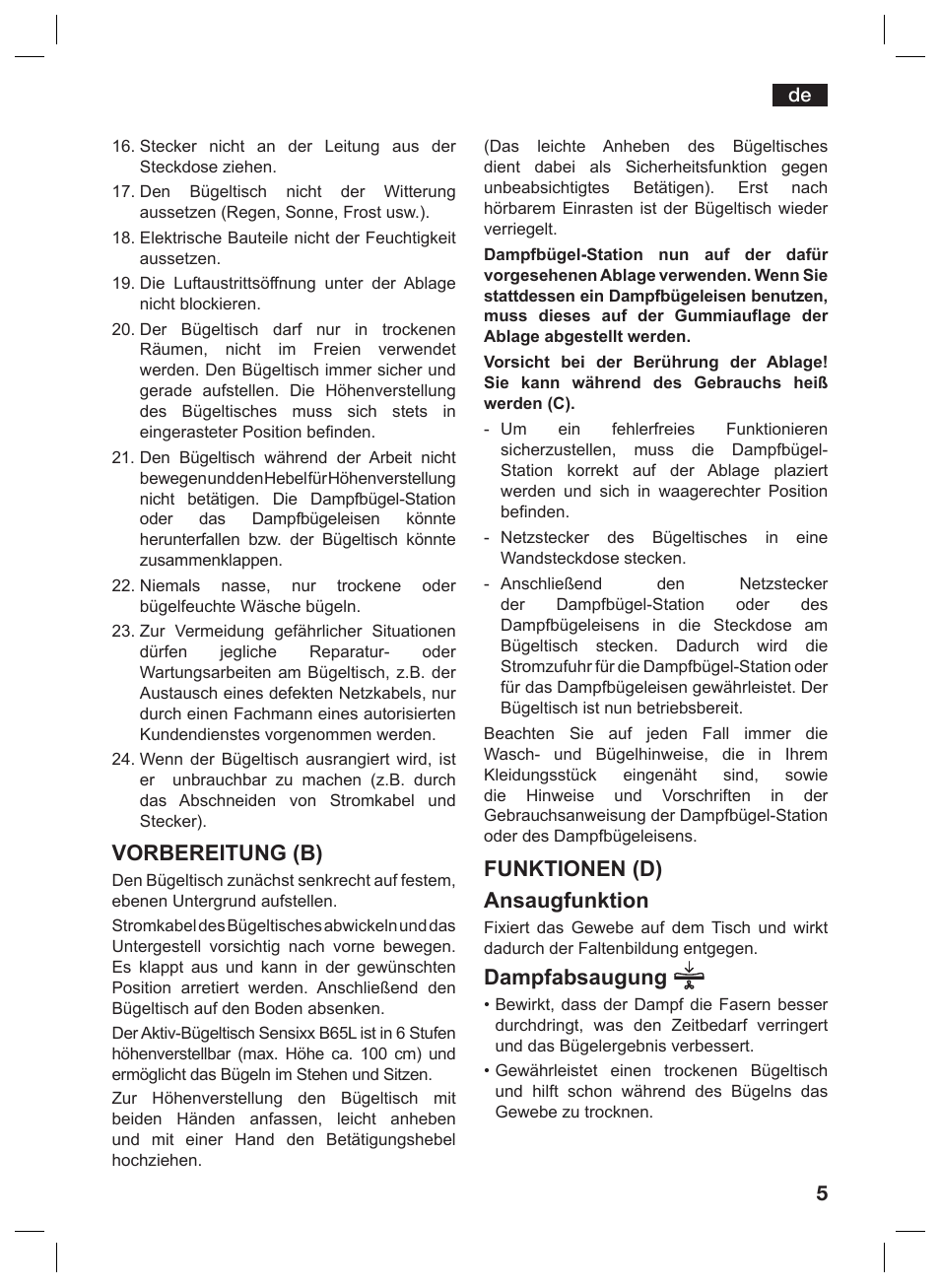 Vorbereitung (b), Funktionen (d) ansaugfunktion, Dampfabsaugung | Bosch TDN1010N anthrazit silber Aktiv-Bügeltisch HomeProfessional User Manual | Page 4 / 61