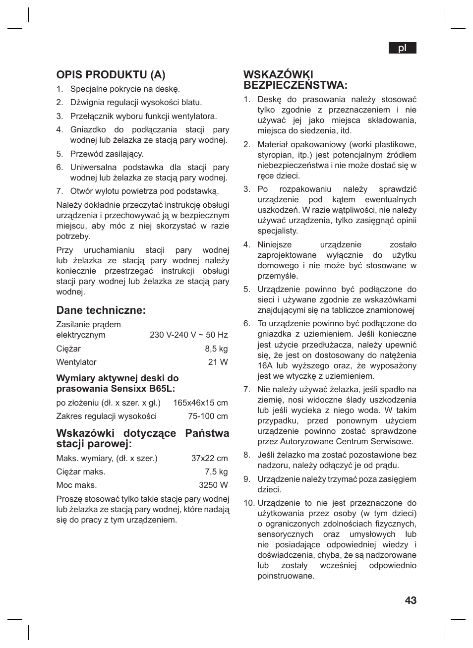 Opis produktu (a), Dane techniczne, Wskazówki dotyczące państwa stacji parowej | Wskazówki bezpieczeństwa | Bosch TDN1010N anthrazit silber Aktiv-Bügeltisch HomeProfessional User Manual | Page 42 / 61