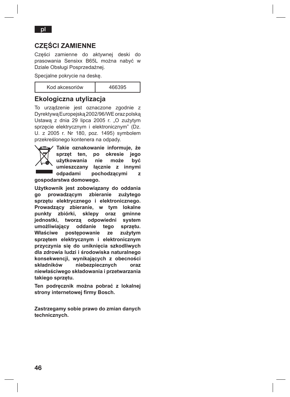 Części zamienne, Ekologiczna utylizacja | Bosch TDN1010N anthrazit silber Aktiv-Bügeltisch HomeProfessional User Manual | Page 45 / 61