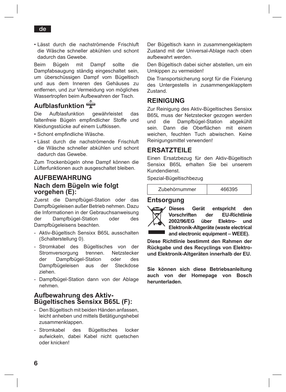 Aufblasfunktion, Reinigung, Ersatzteile | Entsorgung | Bosch TDN1010N anthrazit silber Aktiv-Bügeltisch HomeProfessional User Manual | Page 5 / 61