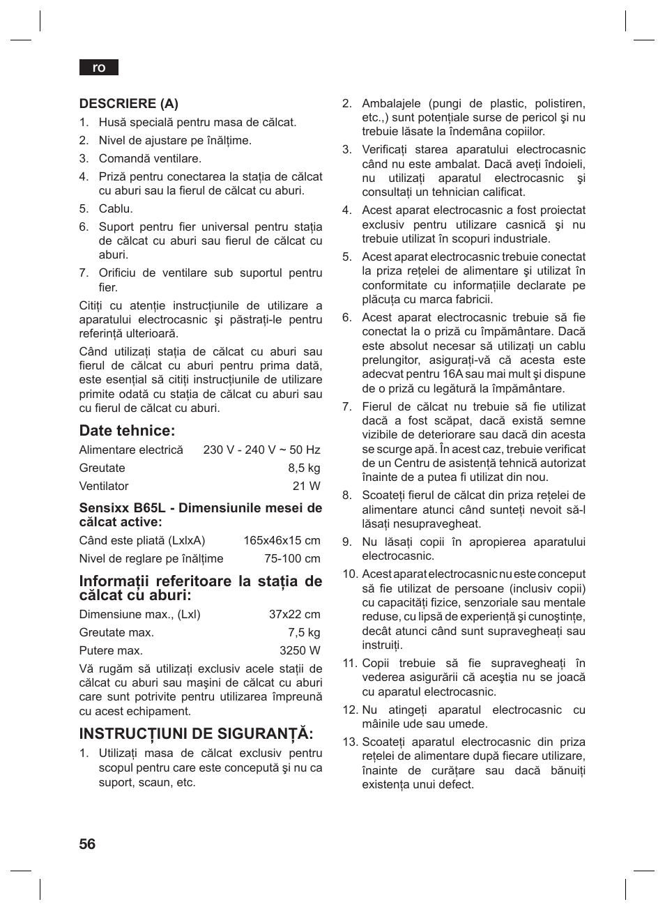 Date tehnice, Instrucţiuni de siguranţă | Bosch TDN1010N anthrazit silber Aktiv-Bügeltisch HomeProfessional User Manual | Page 55 / 61