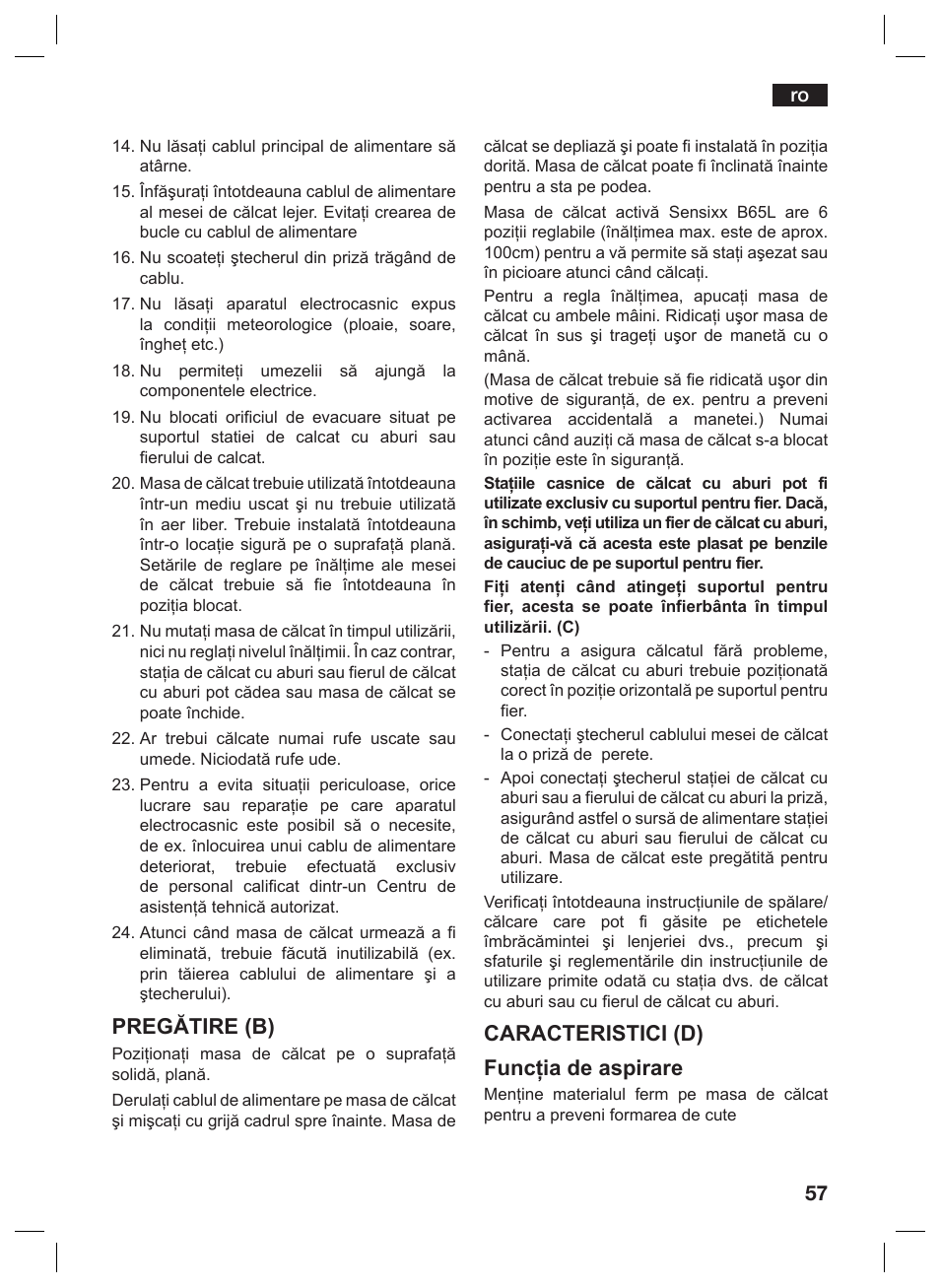 Pregătire (b), Caracteristici (d) funcţia de aspirare | Bosch TDN1010N anthrazit silber Aktiv-Bügeltisch HomeProfessional User Manual | Page 56 / 61