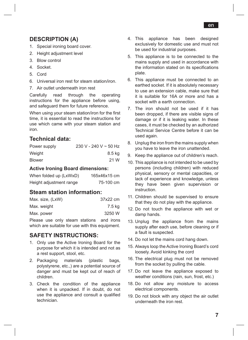 Description (a), Technical data, Steam station information | Safety instructions | Bosch TDN1010N anthrazit silber Aktiv-Bügeltisch HomeProfessional User Manual | Page 6 / 61