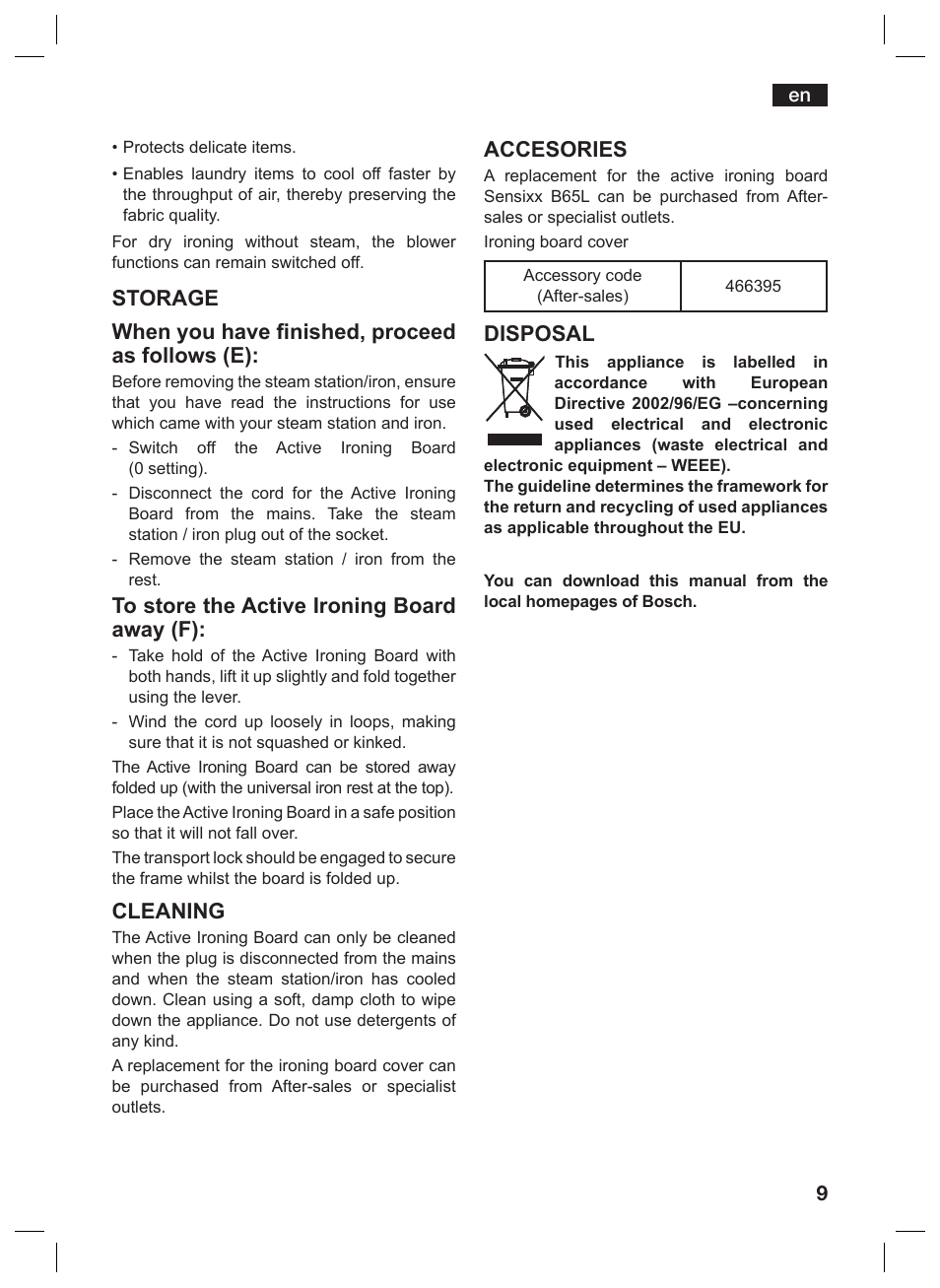 Cleaning, Accesories, Disposal | Bosch TDN1010N anthrazit silber Aktiv-Bügeltisch HomeProfessional User Manual | Page 8 / 61