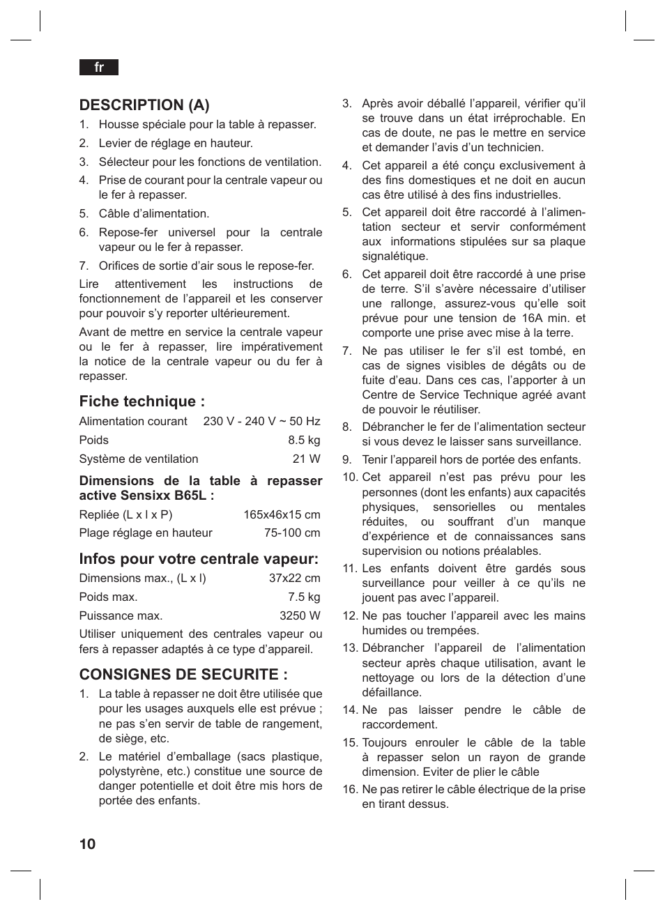 Description (a), Fiche technique, Infos pour votre centrale vapeur | Consignes de securite | Bosch TDN1010N anthrazit silber Aktiv-Bügeltisch HomeProfessional User Manual | Page 9 / 61