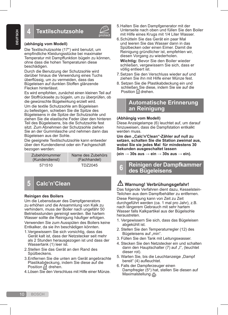 Textilschutzsohle, Calc’n’clean, Automatische erinnerung an reinigung | Reinigen der dampfkammer des bügeleisens | Bosch TDS372410E weiß grün Dampfstation Sensixx DS37 ProEnergy User Manual | Page 10 / 160