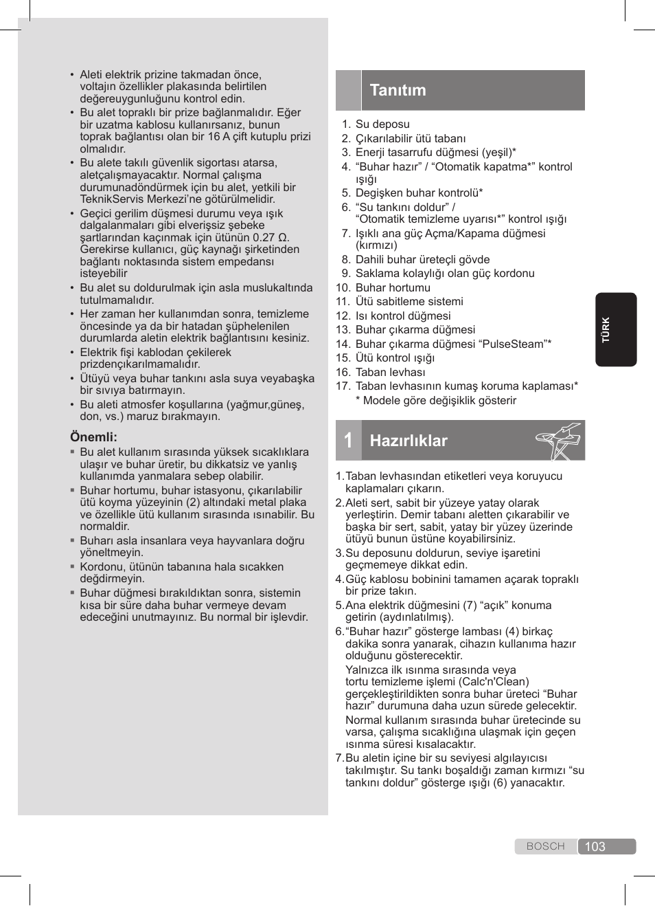 Tanıtım, Hazırlıklar | Bosch TDS372410E weiß grün Dampfstation Sensixx DS37 ProEnergy User Manual | Page 103 / 160