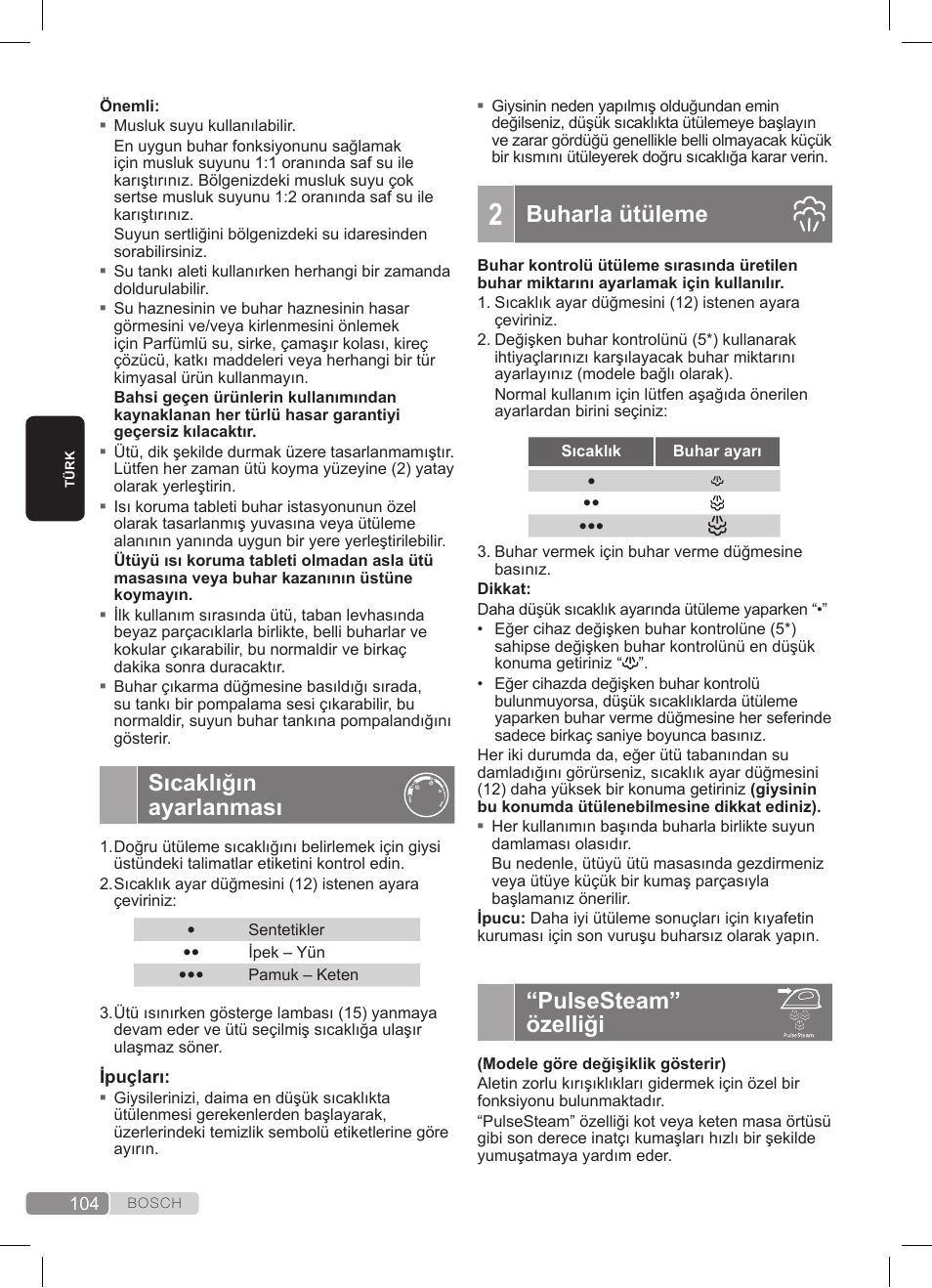 Sıcaklığın ayarlanması, Buharla ütüleme, Pulsesteam” özelliği | Bosch TDS372410E weiß grün Dampfstation Sensixx DS37 ProEnergy User Manual | Page 104 / 160
