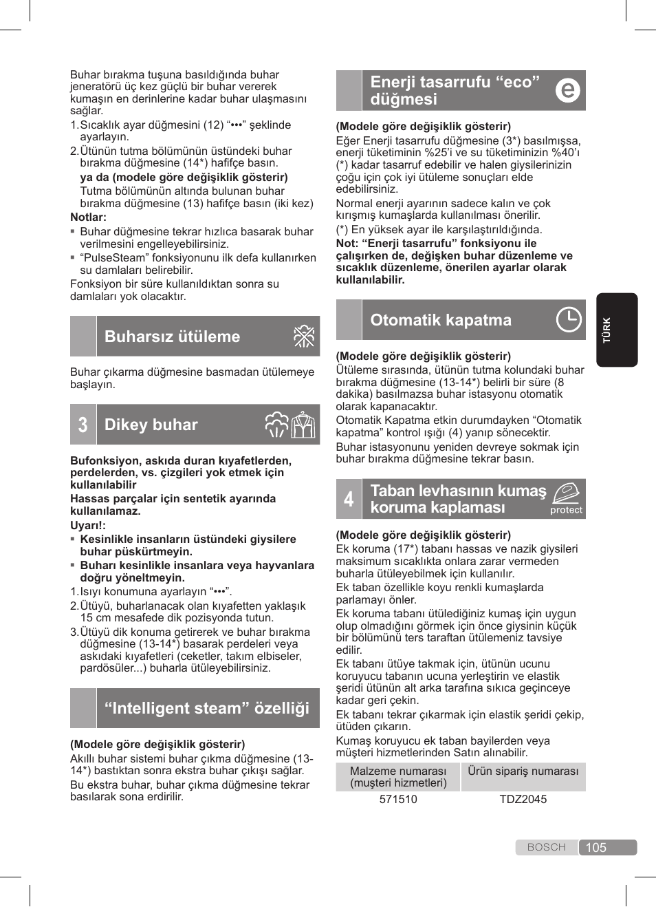 Buharsız ütüleme, Dikey buhar, Intelligent steam” özelliği | Enerji tasarrufu “eco” düğmesi, Otomatik kapatma, Taban levhasının kumaş koruma kaplaması | Bosch TDS372410E weiß grün Dampfstation Sensixx DS37 ProEnergy User Manual | Page 105 / 160