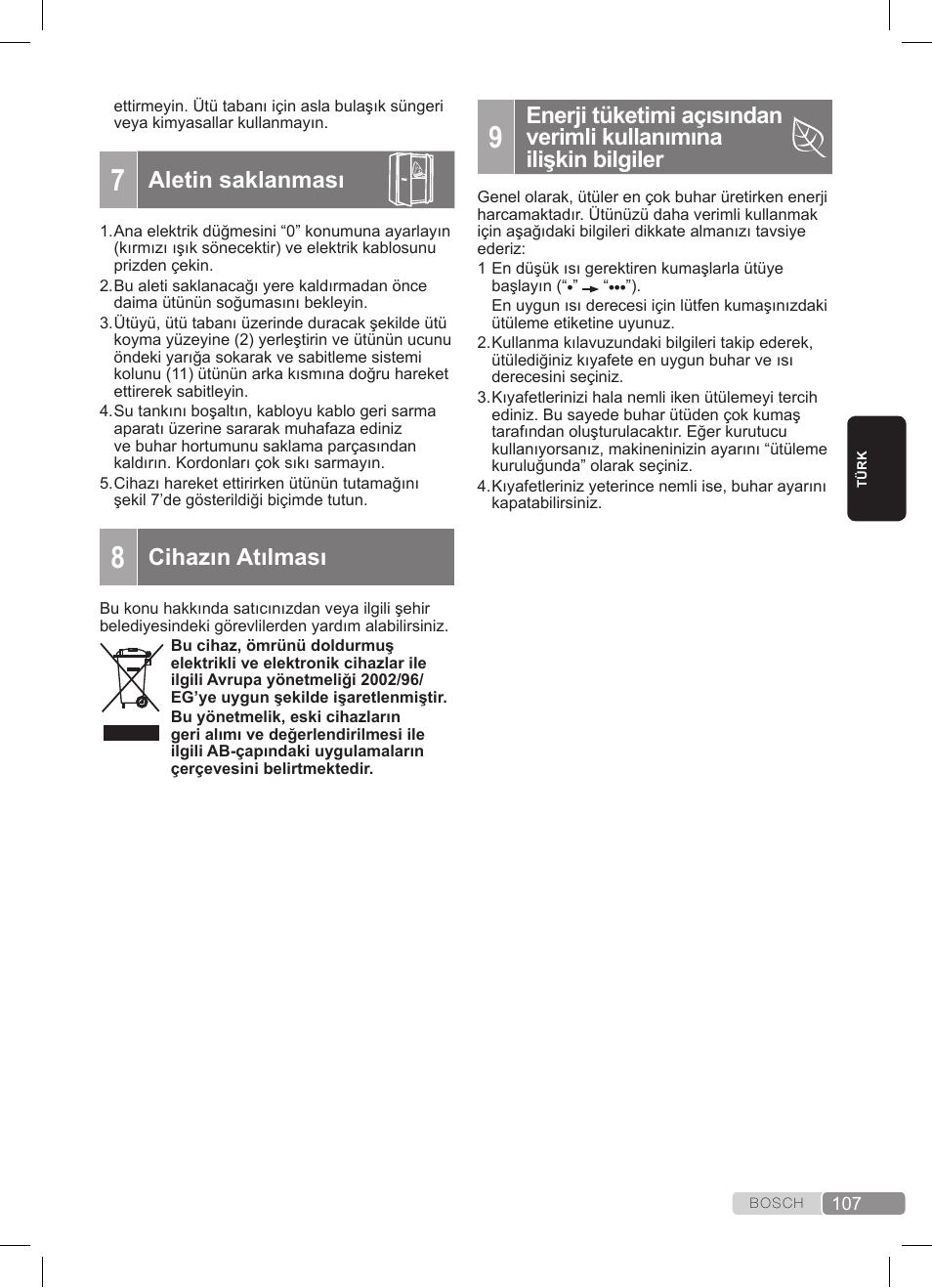 Aletin saklanması, Cihazın atılması | Bosch TDS372410E weiß grün Dampfstation Sensixx DS37 ProEnergy User Manual | Page 107 / 160