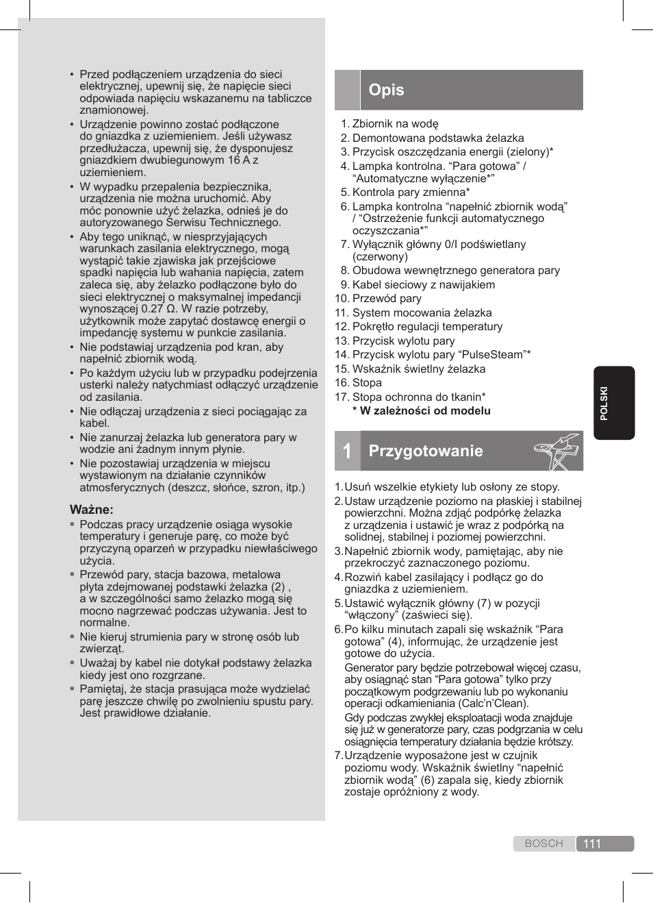Opis, Przygotowanie | Bosch TDS372410E weiß grün Dampfstation Sensixx DS37 ProEnergy User Manual | Page 111 / 160