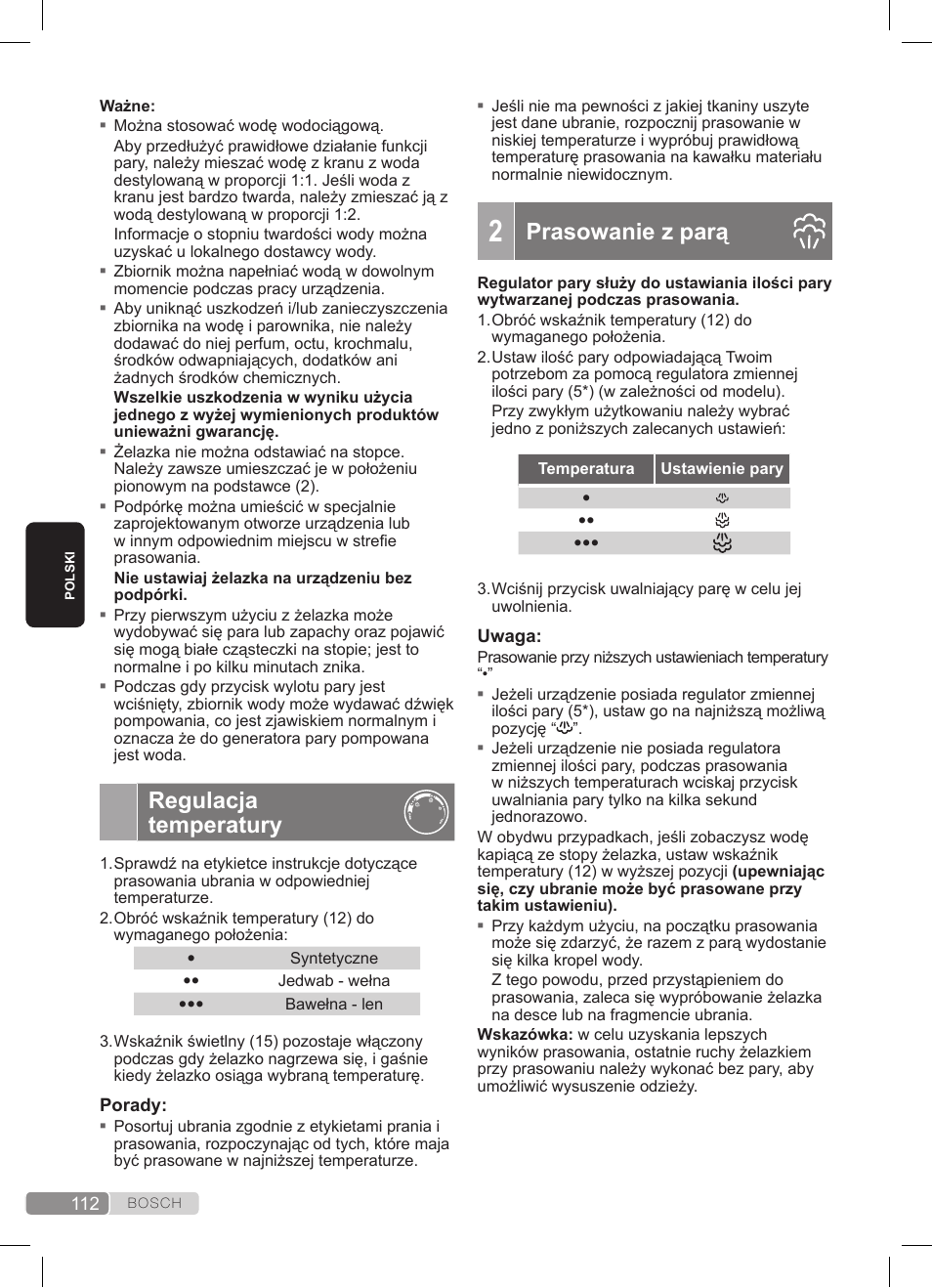 Regulacja temperatury, Prasowanie z parą | Bosch TDS372410E weiß grün Dampfstation Sensixx DS37 ProEnergy User Manual | Page 112 / 160