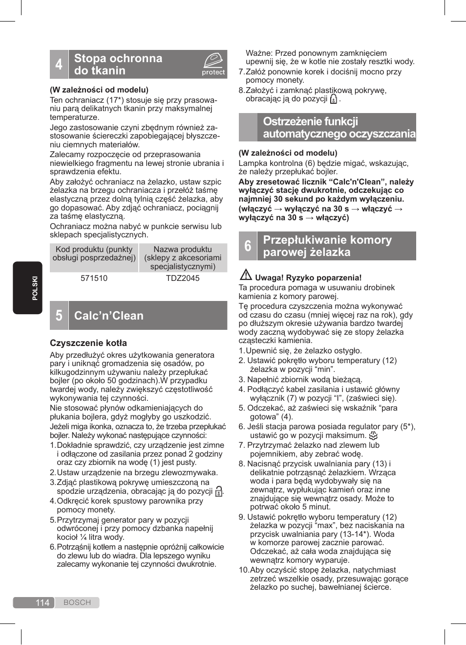 Stopa ochronna do tkanin, Calc’n’clean, Ostrzeżenie funkcji automatycznego oczyszczania | Przepłukiwanie komory parowej żelazka | Bosch TDS372410E weiß grün Dampfstation Sensixx DS37 ProEnergy User Manual | Page 114 / 160